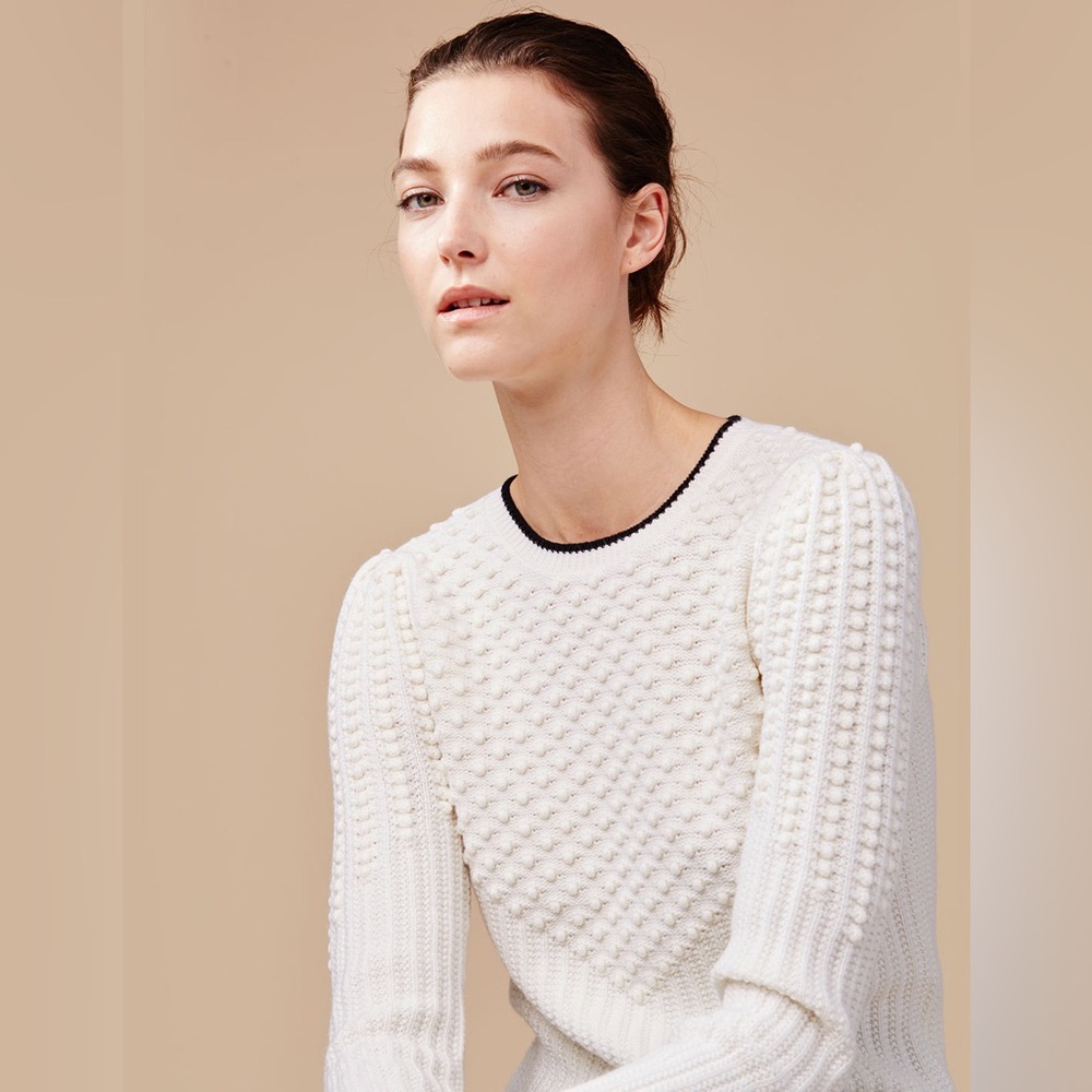 Club Monaco 100% Wool Kit Bobble Knit Ribbed Ivory Cream Black Trim Sweater